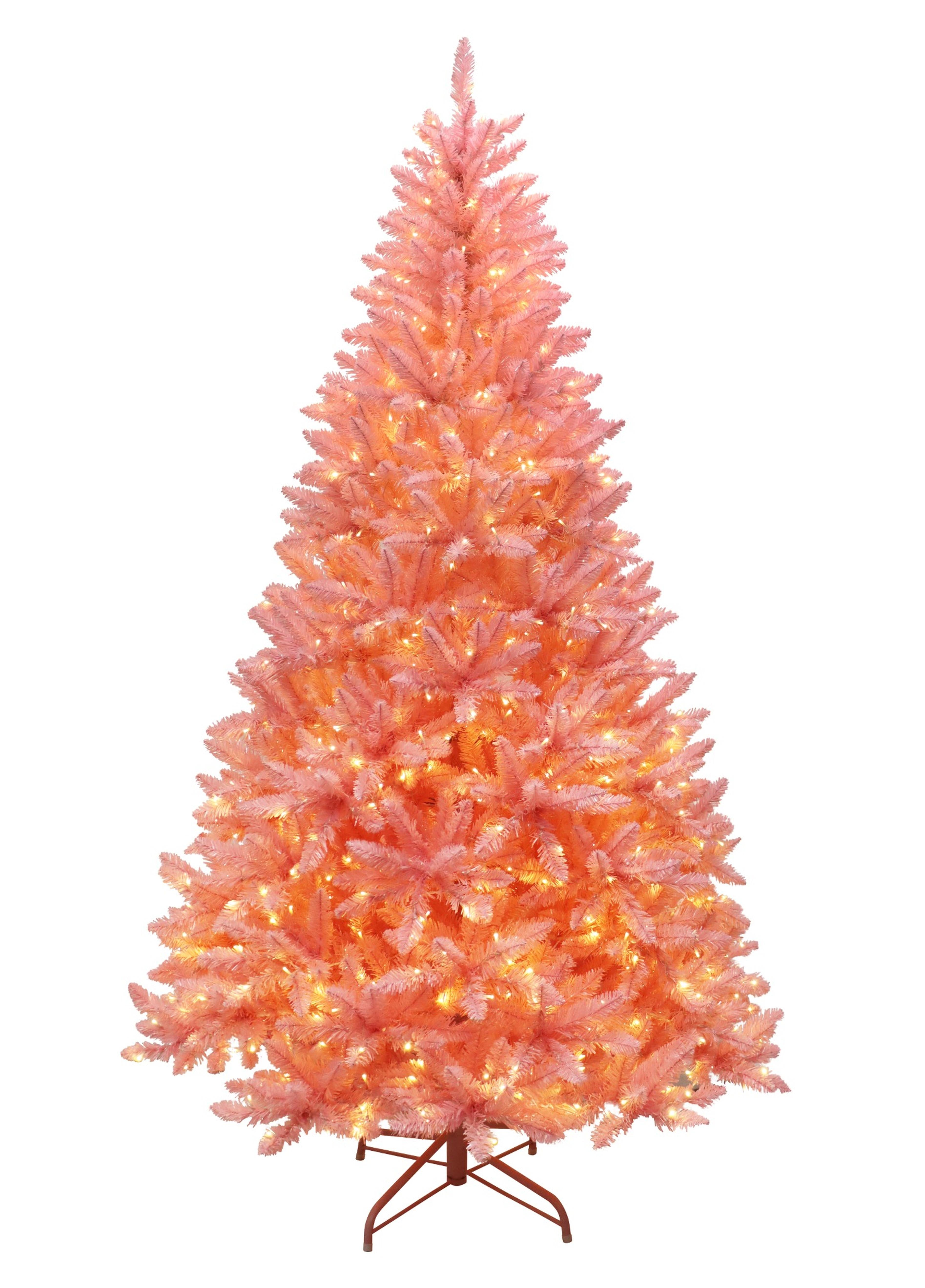 Puleo International 7.5ft Pre-Lit Evergreen Spruce Shiny Pink Tree with Dual Color LED Lights, Functions, Foot Pedal, Remote Control, and Quick Connect Pole